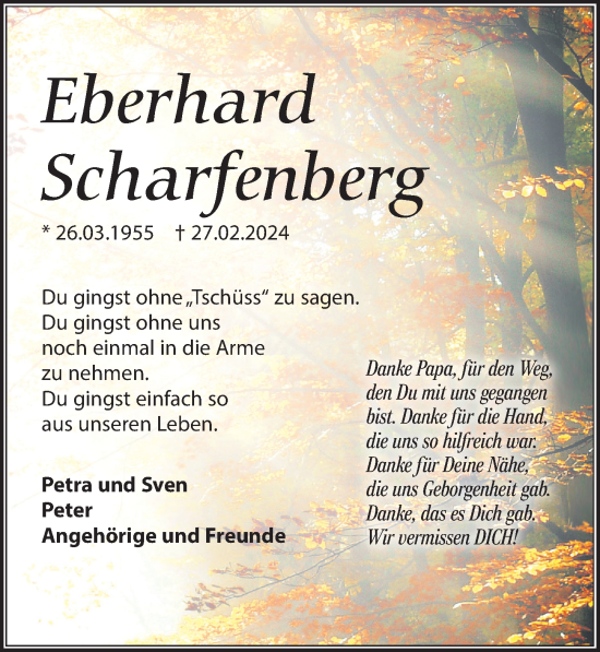 Traueranzeige von Eberhard Scharfenberg von Leipziger Volkszeitung