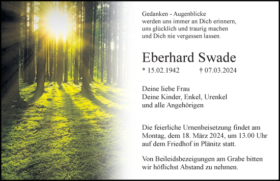 Traueranzeige von Eberhard Swade