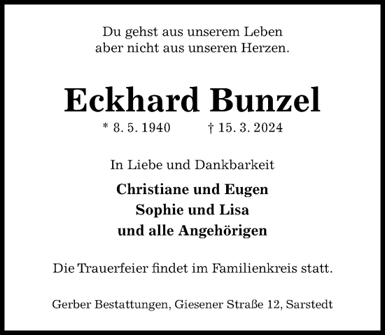 Traueranzeige von Eckhard Bunzel von Hannoversche Allgemeine Zeitung/Neue Presse