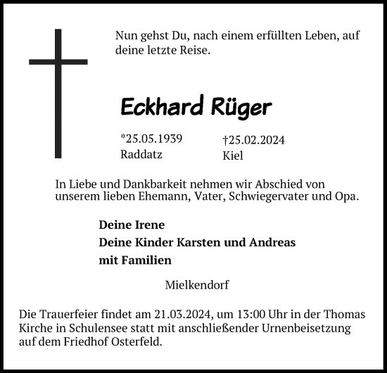 Traueranzeige von Eckhard Rüger von Kieler Nachrichten