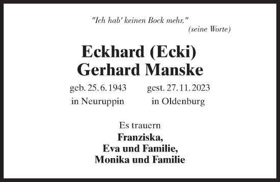 Traueranzeige von Eckhard Gerhard Manske von Märkischen Allgemeine Zeitung