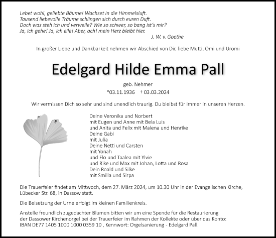Traueranzeige von Edelgard Hilde Emma Pall von Ostsee-Zeitung GmbH