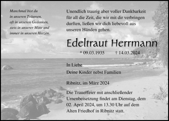 Traueranzeige von Edeltraut Herrmann von Ostsee-Zeitung GmbH