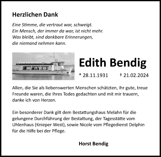 Traueranzeige von Edith Bendig von Ostsee-Zeitung GmbH