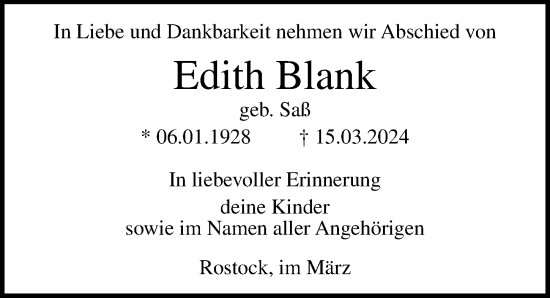 Traueranzeige von Edith Blank von Ostsee-Zeitung GmbH