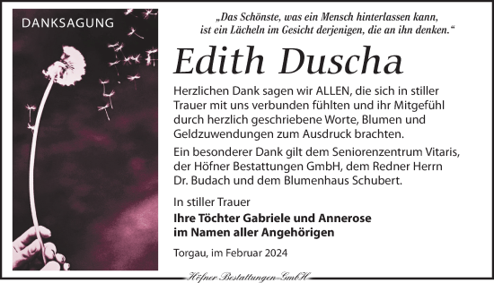 Traueranzeige von Edith Duscha von Torgauer Zeitung