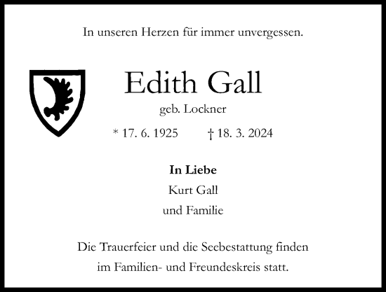 Traueranzeige von Edith Gall von Kieler Nachrichten