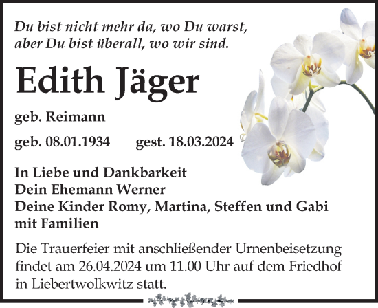 Traueranzeige von Edith Jäger von Leipziger Volkszeitung
