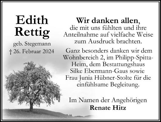 Traueranzeige von Edith Rettig von Peiner Allgemeine Zeitung