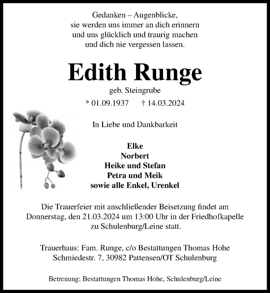 Traueranzeige von Edith Runge von Hannoversche Allgemeine Zeitung/Neue Presse