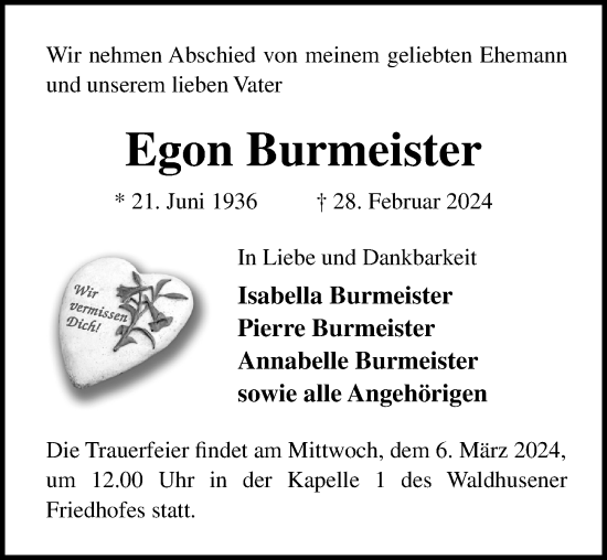 Traueranzeige von Egon Burmeister von Lübecker Nachrichten