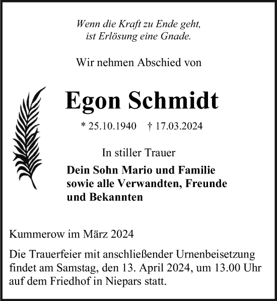 Traueranzeige von Egon Schmidt von Ostsee-Zeitung GmbH