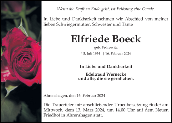 Traueranzeige von Elfriede Boeck von Ostsee-Zeitung GmbH
