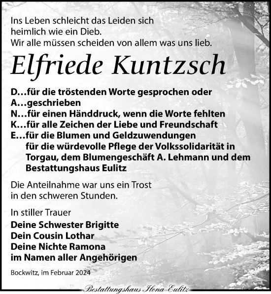 Traueranzeige von Elfriede Kuntzsch von Torgauer Zeitung