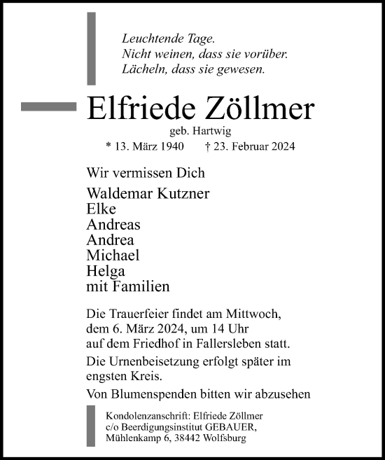 Traueranzeige von Elfriede Zöllmer von Aller Zeitung
