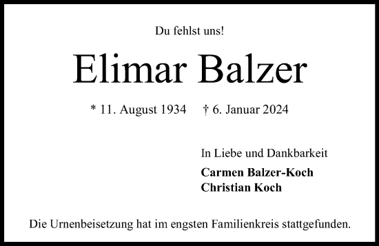 Traueranzeige von Elimar Balzer von Kieler Nachrichten