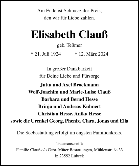 Traueranzeige von Elisabeth Clauß von Lübecker Nachrichten