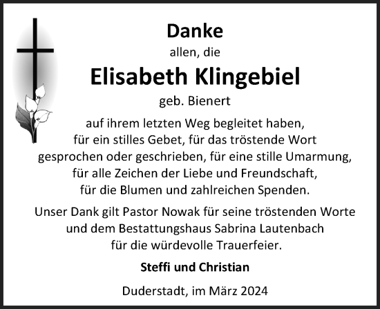 Traueranzeige von Elisabeth Klingebiel von Eichsfelder Tageblatt