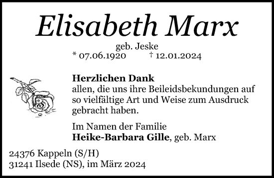 Traueranzeige von Elisabeth Marx von Peiner Allgemeine Zeitung