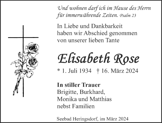 Traueranzeige von Elisabeth Rose von Ostsee-Zeitung GmbH