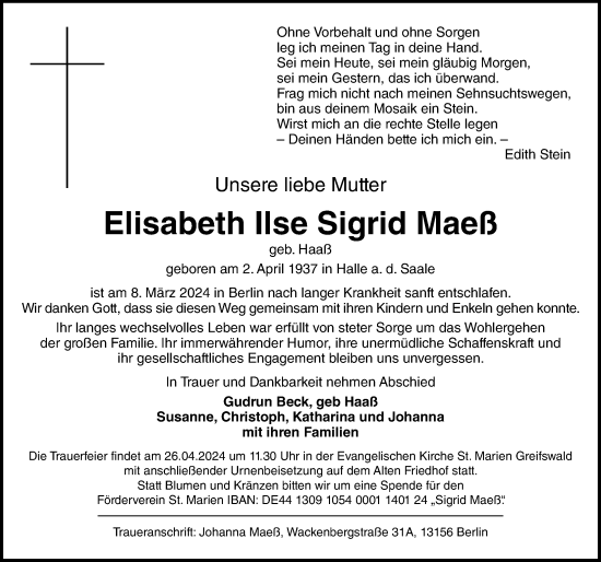 Traueranzeige von Elisabeth Ilse Sigrid Maeß von Ostsee-Zeitung GmbH