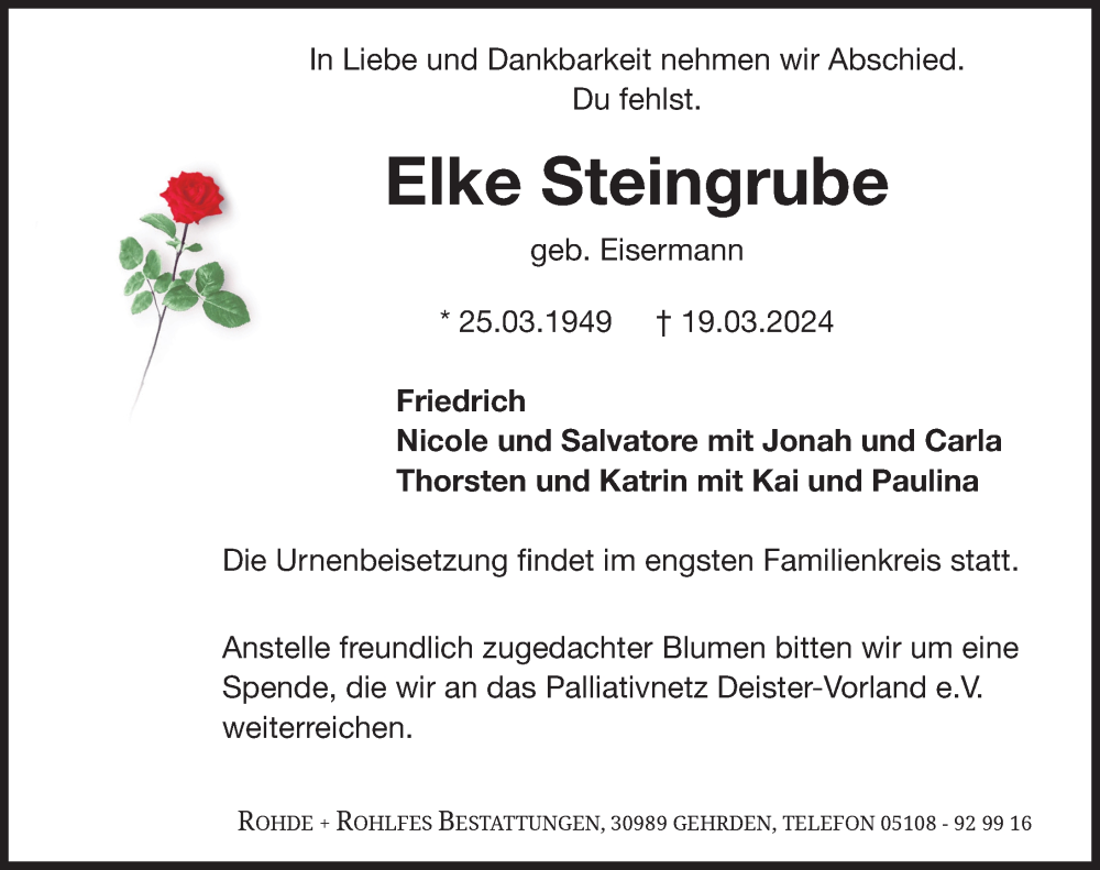  Traueranzeige für Elke Steingrube vom 26.03.2024 aus Hannoversche Allgemeine Zeitung/Neue Presse