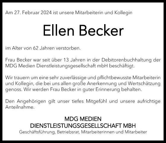 Traueranzeige von Ellen Becker von Leipziger Volkszeitung