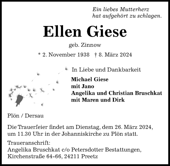 Traueranzeige von Ellen Giese von Kieler Nachrichten