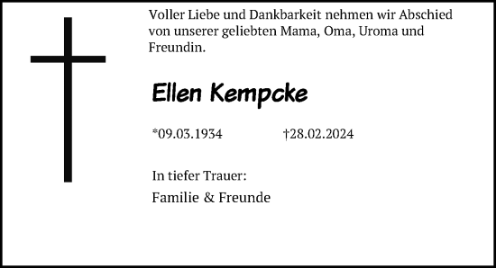 Traueranzeige von Ellen Kempcke von Leipziger Volkszeitung