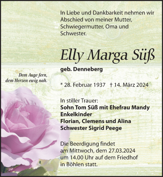 Traueranzeige von Elly Marga Süß von Leipziger Volkszeitung