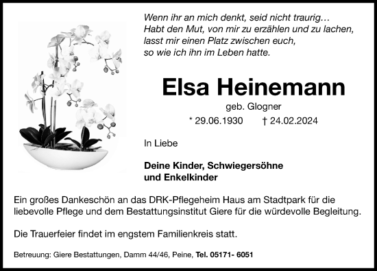 Traueranzeige von Elsa Heinemann von Peiner Allgemeine Zeitung