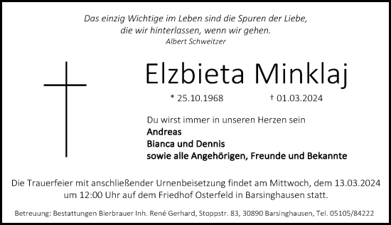 Traueranzeige von Elzbieta Minklaj von Hannoversche Allgemeine Zeitung/Neue Presse