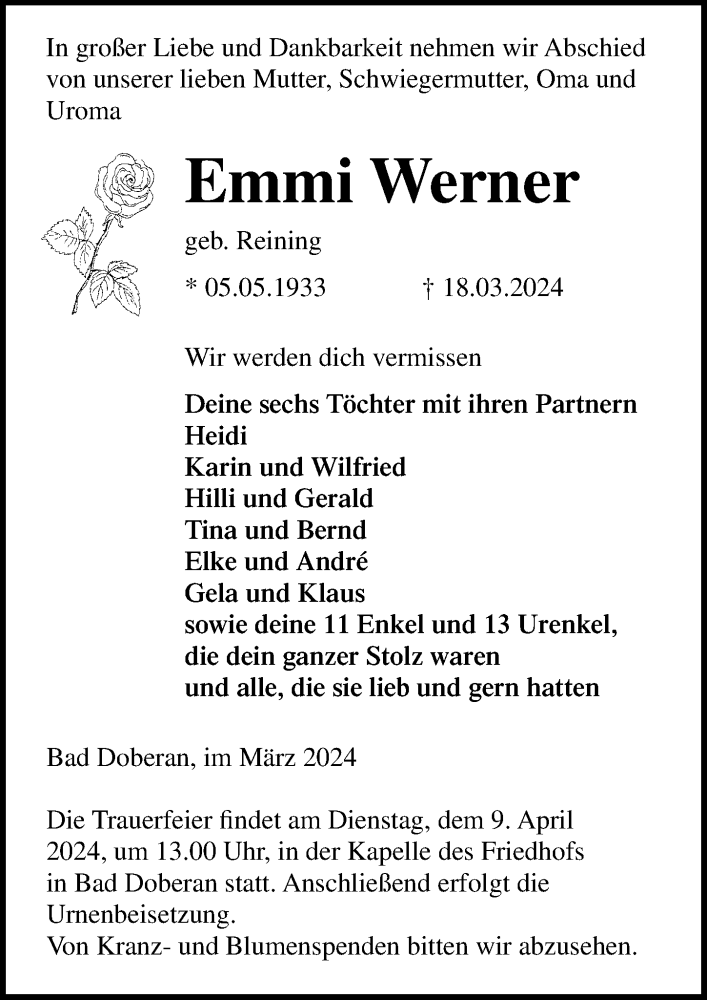  Traueranzeige für Emmi Werner vom 23.03.2024 aus Ostsee-Zeitung GmbH