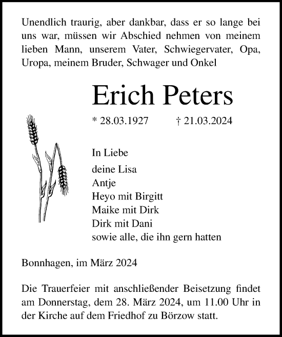 Traueranzeige von Erich Peters von Ostsee-Zeitung GmbH