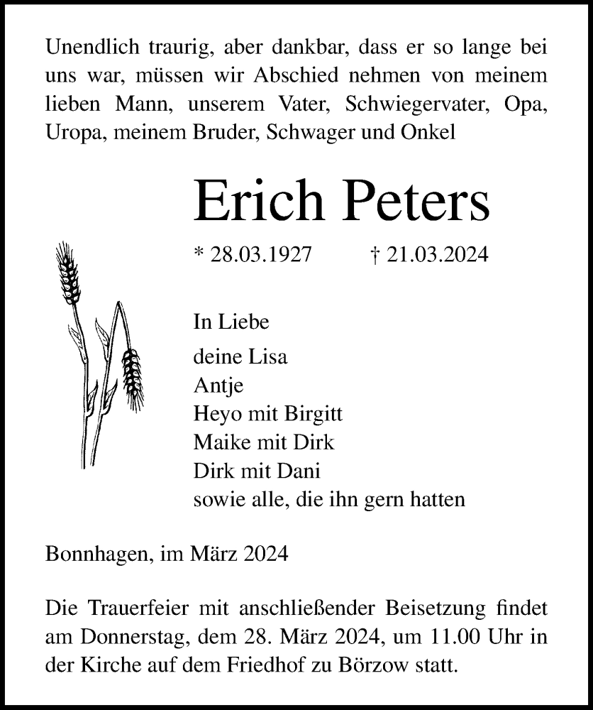  Traueranzeige für Erich Peters vom 26.03.2024 aus Ostsee-Zeitung GmbH
