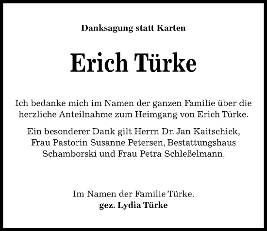 Traueranzeige von Erich Türke von Kieler Nachrichten