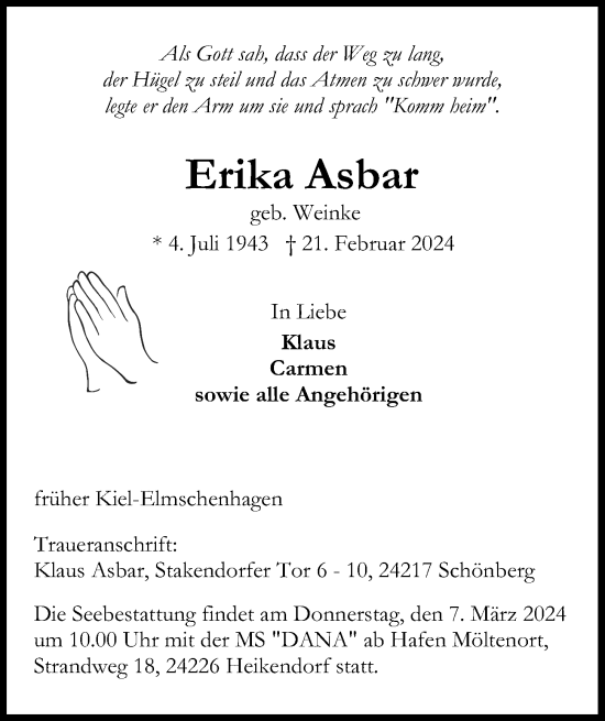 Traueranzeige von Erika Asbar von Kieler Nachrichten