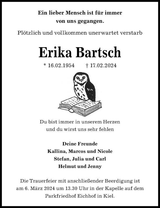 Traueranzeige von Erika Bartsch von Kieler Nachrichten