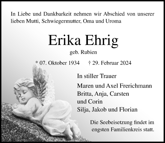 Traueranzeige von Erika Ehrig von Lübecker Nachrichten