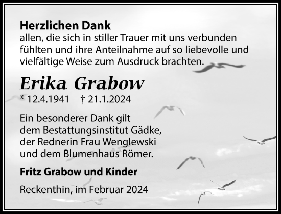 Traueranzeige von Erika Grabow von Wochenspiegel