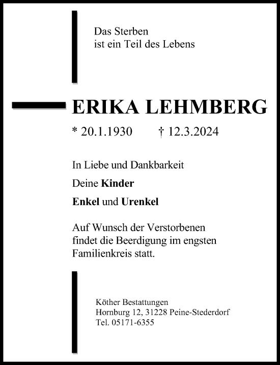 Traueranzeige von Erika Lehmberg von Peiner Allgemeine Zeitung
