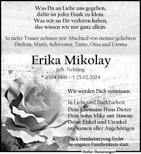 Traueranzeige von Erika Mikolay von Leipziger Volkszeitung