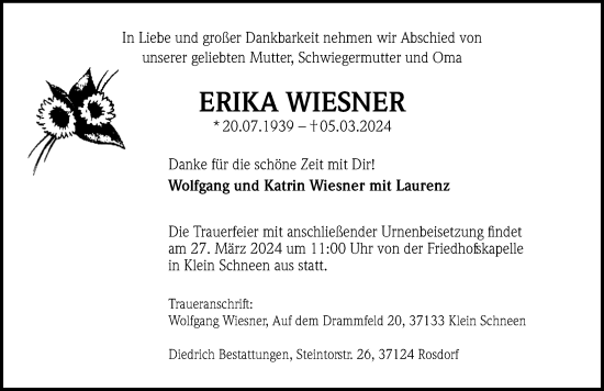 Traueranzeige von Erika Wiesner von Göttinger Tageblatt