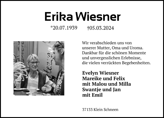 Traueranzeige von Erika Wiesner von Göttinger Tageblatt