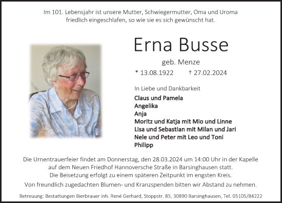 Traueranzeige von Erna Busse von Hannoversche Allgemeine Zeitung/Neue Presse