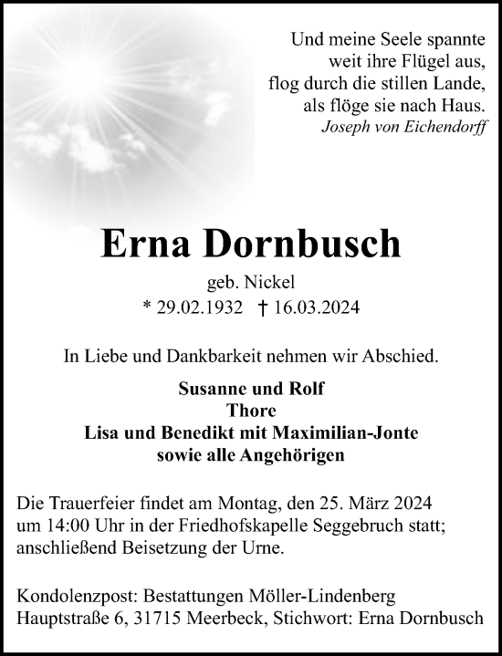 Traueranzeige von Erna Dornbusch von Schaumburger Nachrichten