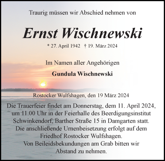 Traueranzeige von Ernst Wischnewski von Ostsee-Zeitung GmbH
