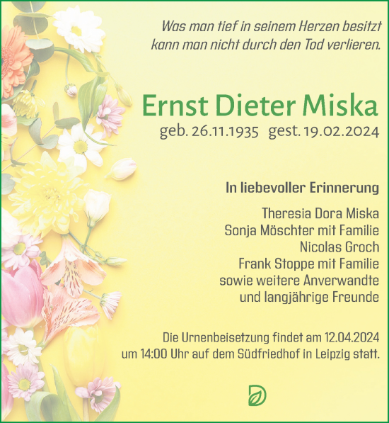 Traueranzeige von Ernst Dieter Miska von Leipziger Volkszeitung