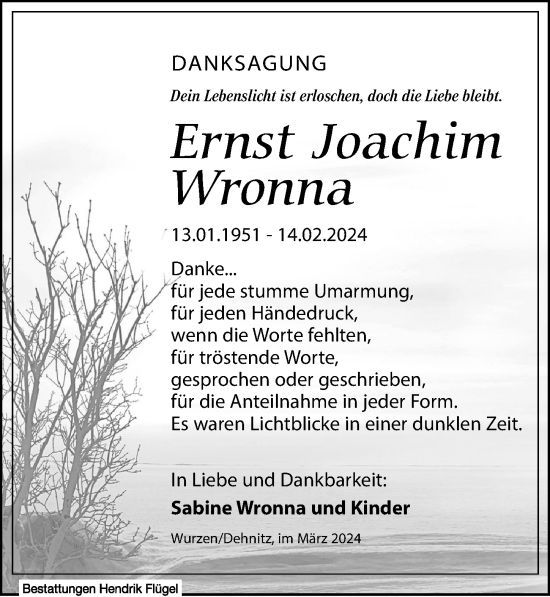 Traueranzeige von Ernst Joachim Wronna von Leipziger Volkszeitung