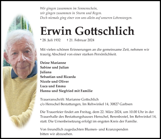 Traueranzeige von Erwin Gottschlich von Hannoversche Allgemeine Zeitung/Neue Presse